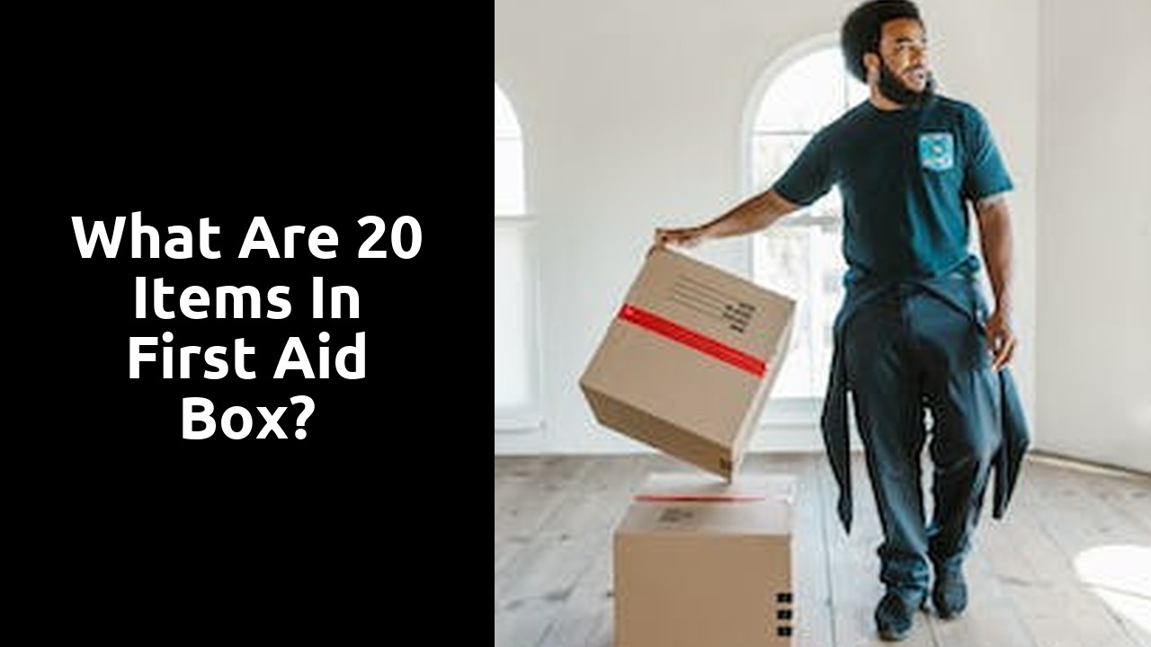 What are 20 items in first aid box?